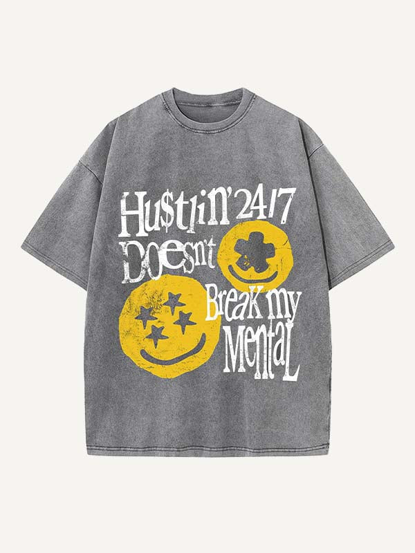 Distressed Washed Smiley Face&Graphic&Letter Print Round Neck T-shirt