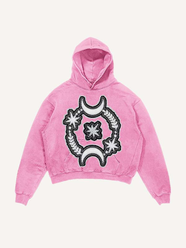 Distressed Washed Moon&Star&Eye Faux Decal Print Slant Pockets Hoodie