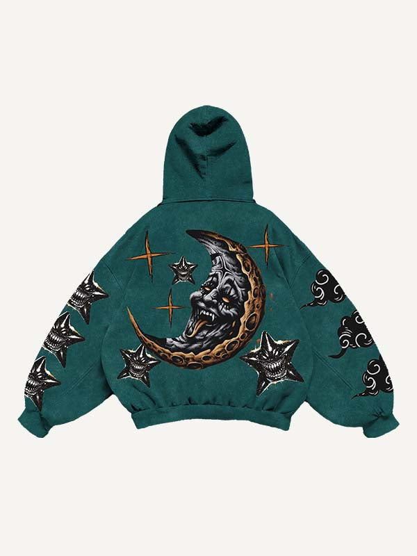 Evil Moon&Sun&Cloud&Star Print Slant Pockets Hoodie