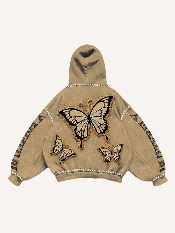 Butterfly&Letter Faux Decal Print Slant Pockets Hoodie