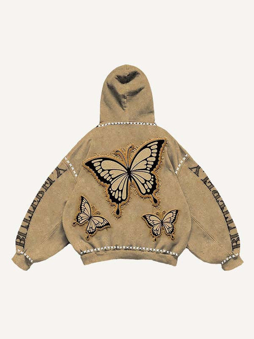 Butterfly&Letter Faux Decal Print Slant Pockets Hoodie