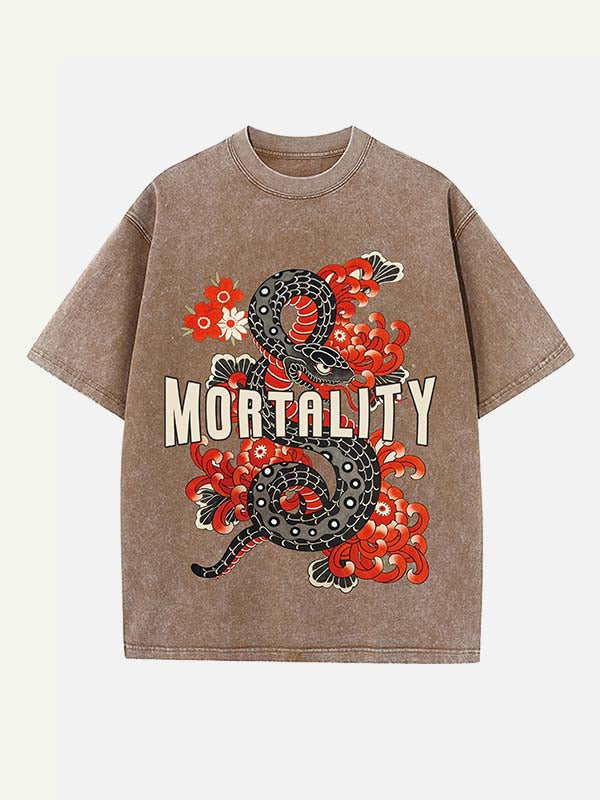 Distressed Washed Snake&Floral&Letter Print Round Neck T-shirt