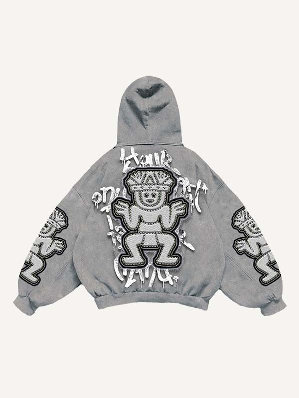 Figure&Letter Faux Decal Print Slant Pockets Hoodie