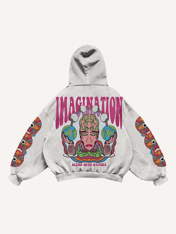 Figure&Eyeball&Globe&Letter Print Slant Pockets Hoodie