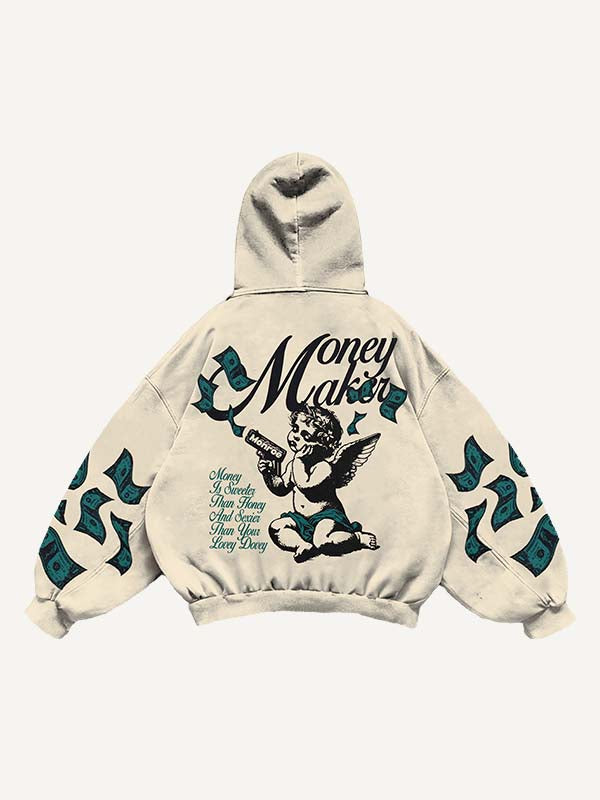Angel&Letter&Money Print Slant Pockets Hoodie