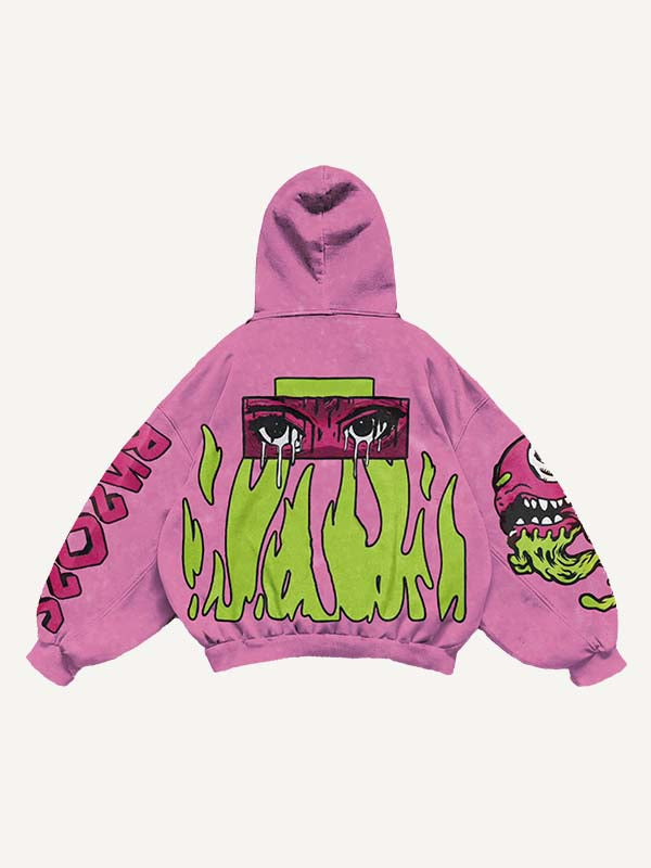 Eyeball&Skull&Star&Tongue&Fire&Letter Print Slant Pockets Hoodie