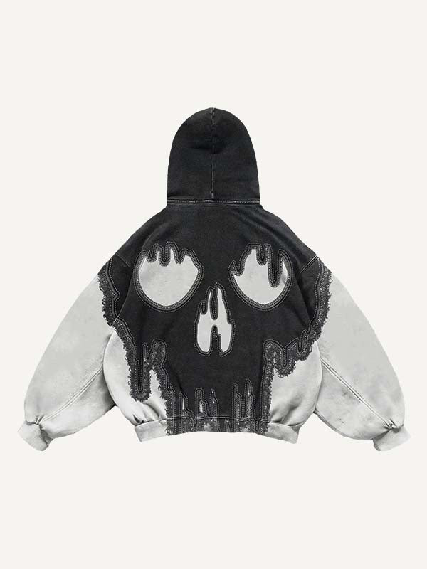 Colorblock Skull Print Slant Pockets Hoodie