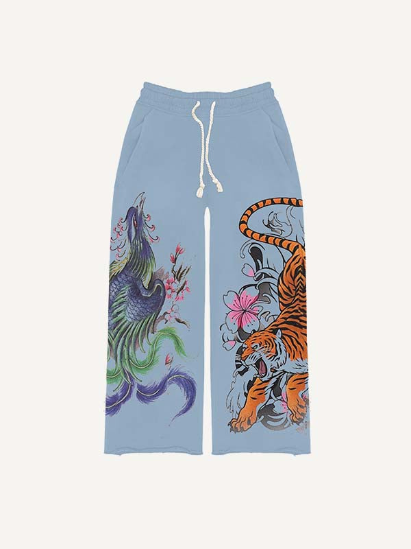 Dragon&Tiger&Phoenix Print Drawstring Waist Pants