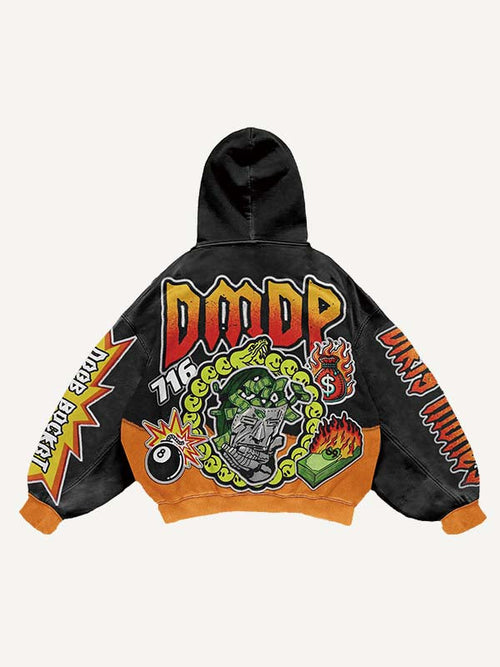 Colorblock Fire&Money&Graphic&Letter Faux Decal Print Slant Pockets Hoodie