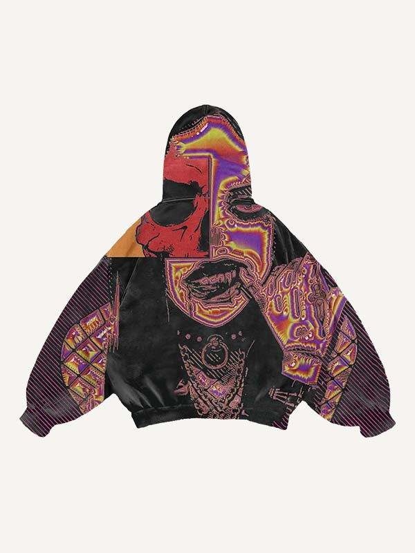 Colorblock Striped&Skull&Figure Print Slant Pockets Hoodie