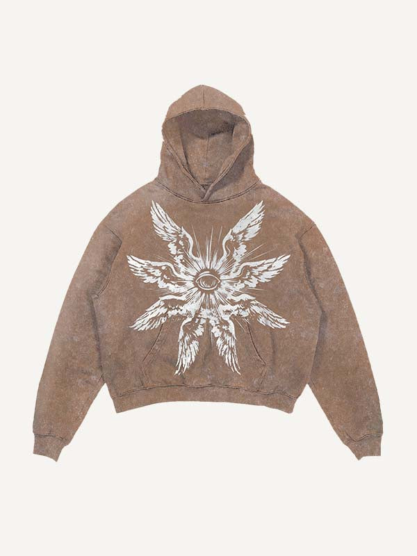 Distressed Washed Eye&Wing Print Slant Pockets Hoodie