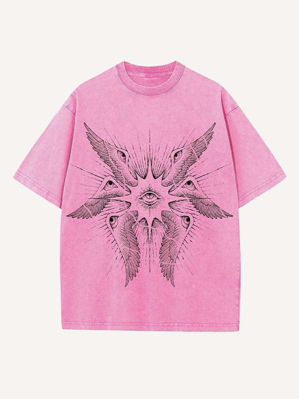 Distressed Washed Wing&Eye&Graphic Print Round Neck T-shirt
