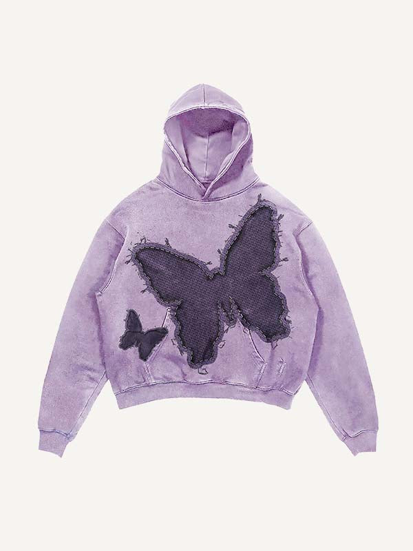 Distressed Washed Butterfly Faux Decal Print Slant Pockets Hoodie