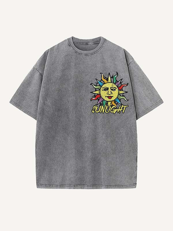 Distressed Washed Sun&Letter Print Round Neck T-shirt