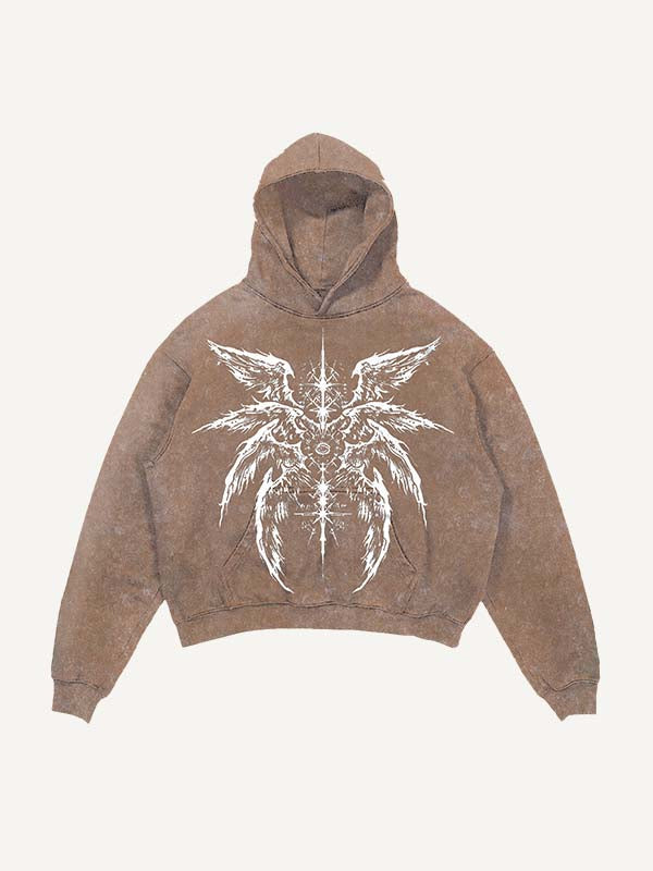 Distressed Washed Eye&Wing Print Slant Pockets Hoodie