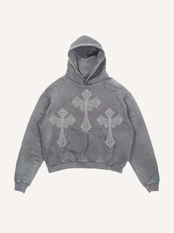 Distressed Washed Wing&Cross Faux Rhinestones Print Slant Pockets Hoodie