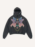 Distressed Washed Eye&Wing Print Slant Pockets Hoodie