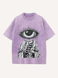 Distressed Washed Figure&Eye&Fire&Graphic Print Round Neck T-shirt