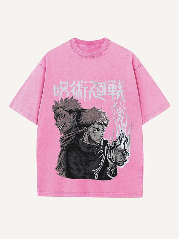 Distressed Washed Figure&Graphic&Fire Print Round Neck T-shirt