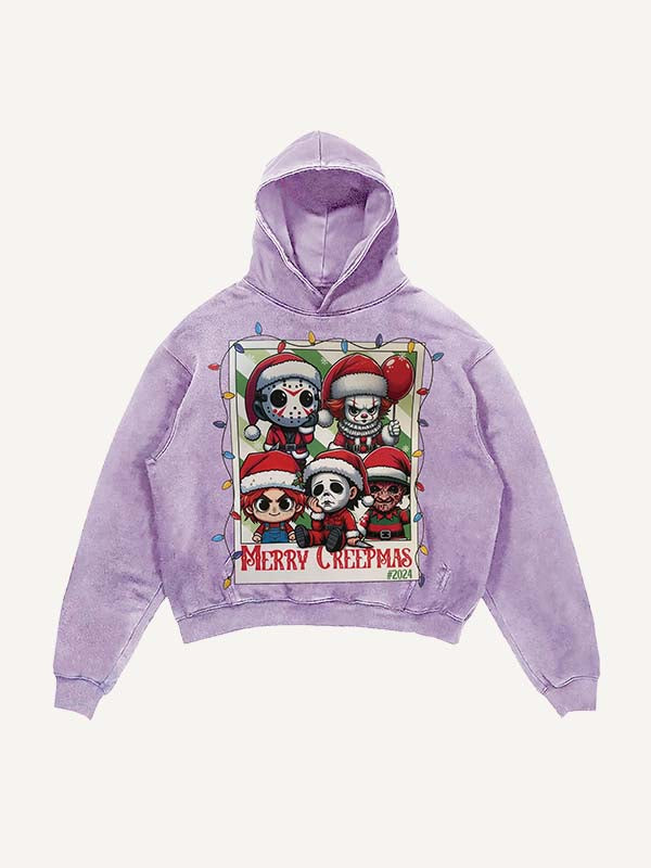 Distressed Washed Christmas Horror Print Slant Pockets Hoodie