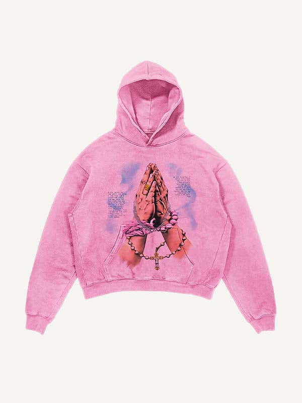 Distressed Washed Pray&Letter&Heart&Palm Print Slant Pockets Hoodie