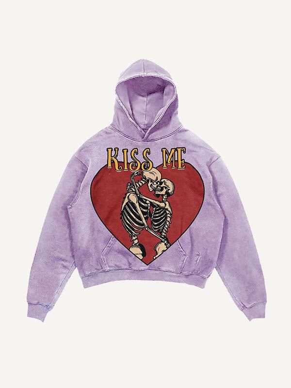 Distressed Washed Skeleton&Kiss Me Print Slant Pockets Hoodie