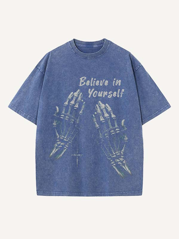 Distressed Washed Palm&Cross Print Round Neck T-shirt