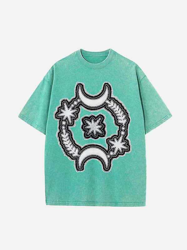 Distressed Washed Moon&Star&Eye Faux Decal Print Round Neck T-shirt
