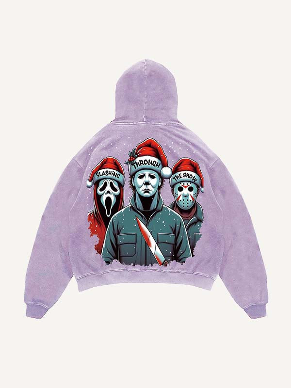 Distressed Washed Christmas Horror Print Slant Pockets Hoodie