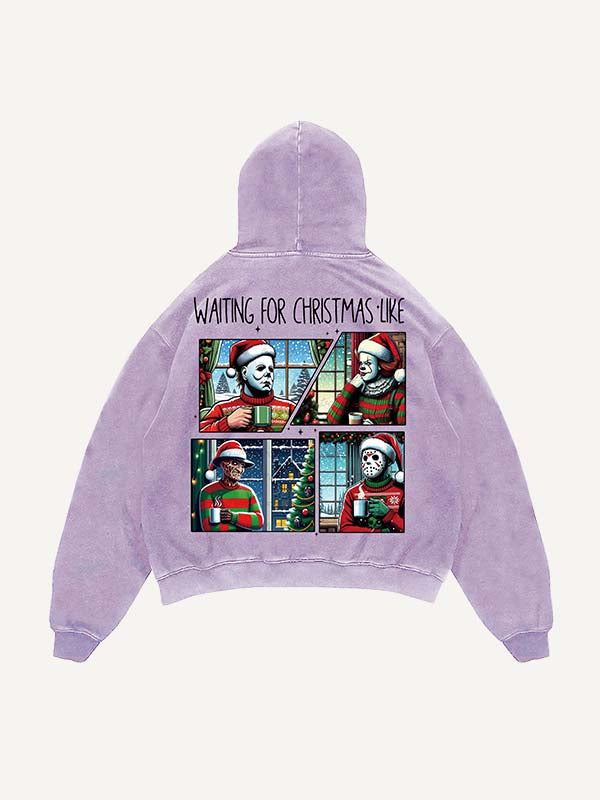 Distressed Washed Christmas Horror Print Slant Pockets Hoodie
