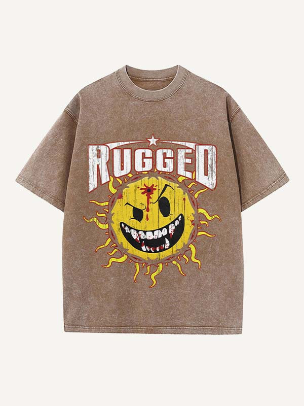 Distressed Washed Evil Sun&Letter Print Round Neck T-shirt