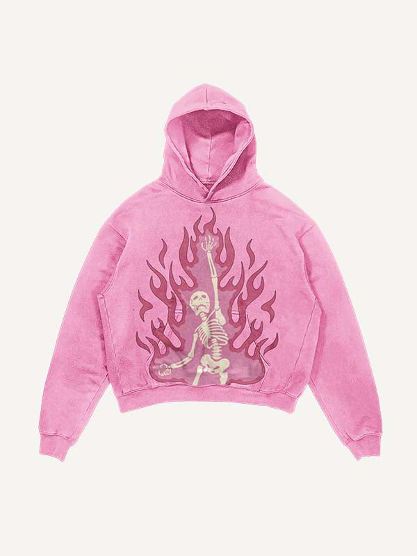 Distressed Washed Pink Fire Skeleton Print Slant Pockets Hoodie