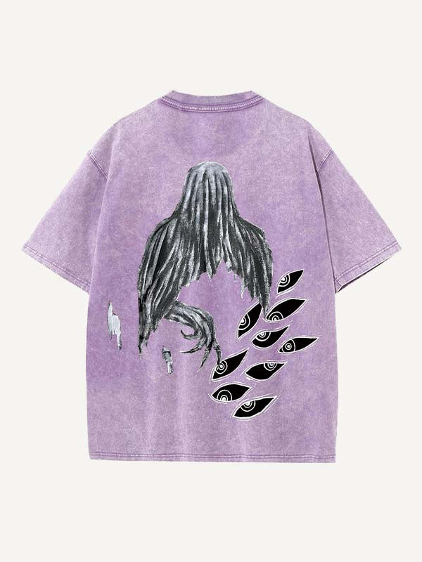 Distressed Washed Figure&Eye&Fire&Graphic Print Round Neck T-shirt