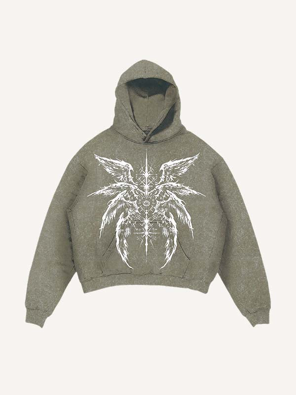 Distressed Washed Eye&Wing Print Slant Pockets Hoodie