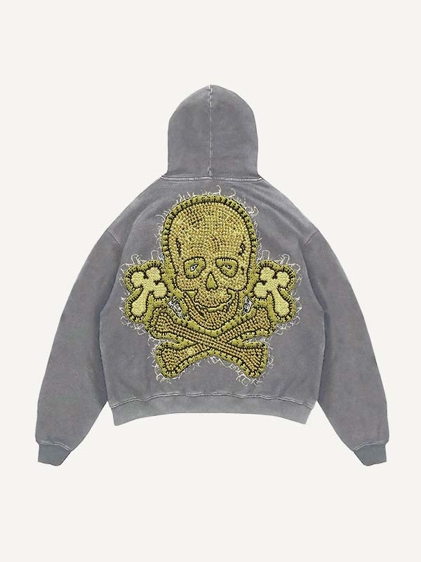 Distressed Washed Cross&Skull Faux Decal Print Slant Pockets Hoodie