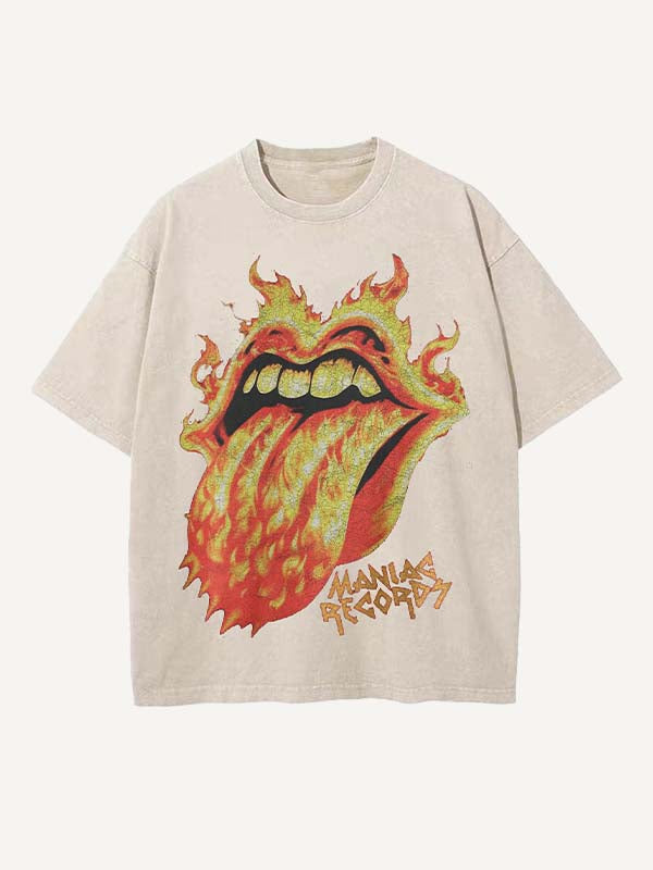 Distressed Washed Fire Tongue Print Round Neck T-shirt