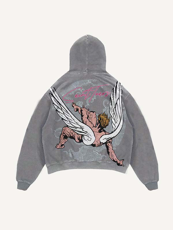 Distressed Washed Figure&Wing&Letter Print Slant Pockets Hoodie