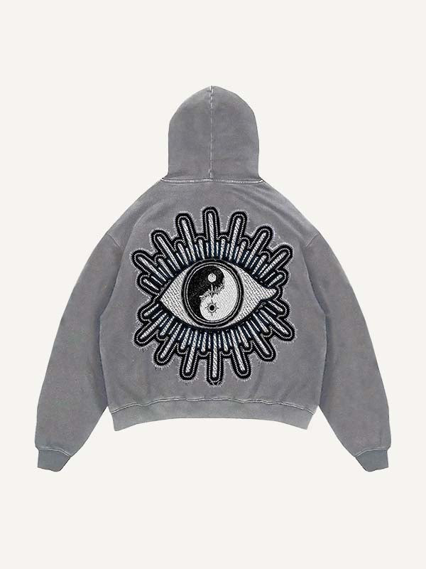 Distressed Washed Sun&Moon&Star&Eye Graphic Faux Decal Print Slant Pockets Hoodie