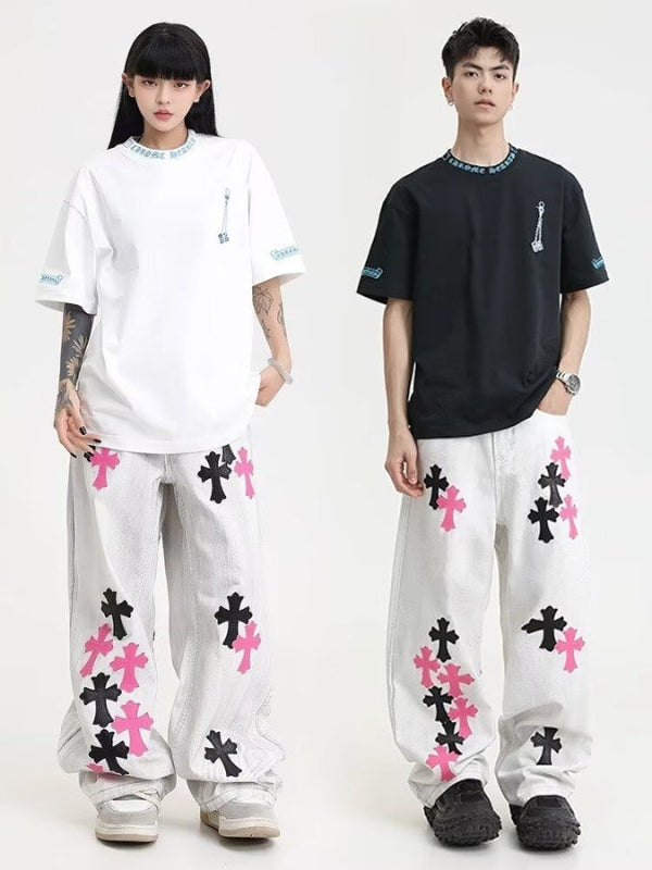 Cross Patch Embroidered Straight Jeans