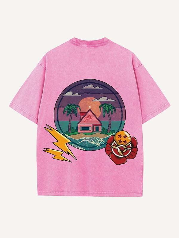 Distressed Washed Dragon&House&Graphic Print Round Neck T-shirt