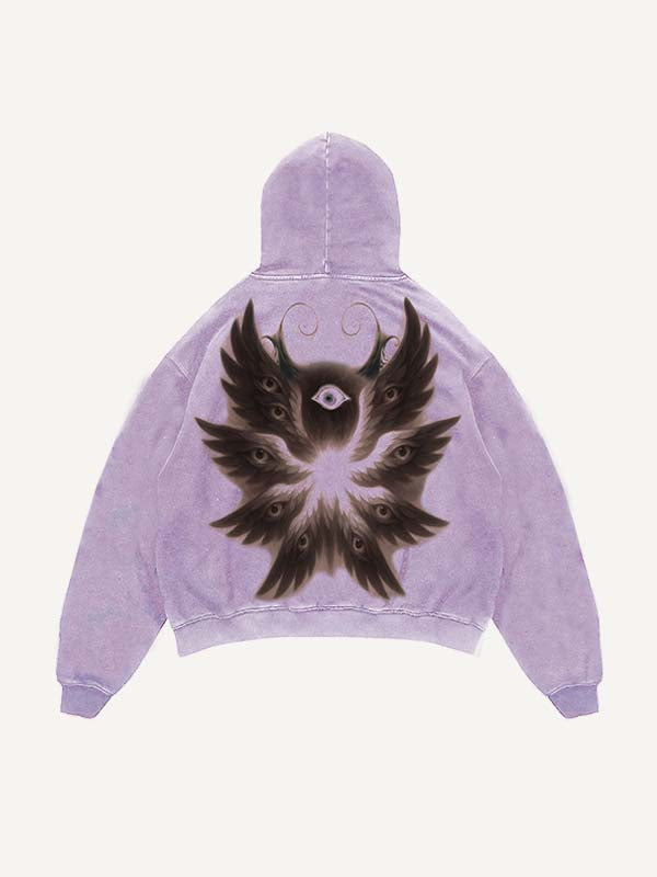 Distressed Washed Wing&Eye&Graphic Print Slant Pockets Hoodie