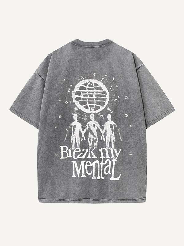 Distressed Washed Smiley Face&Graphic&Letter Print Round Neck T-shirt