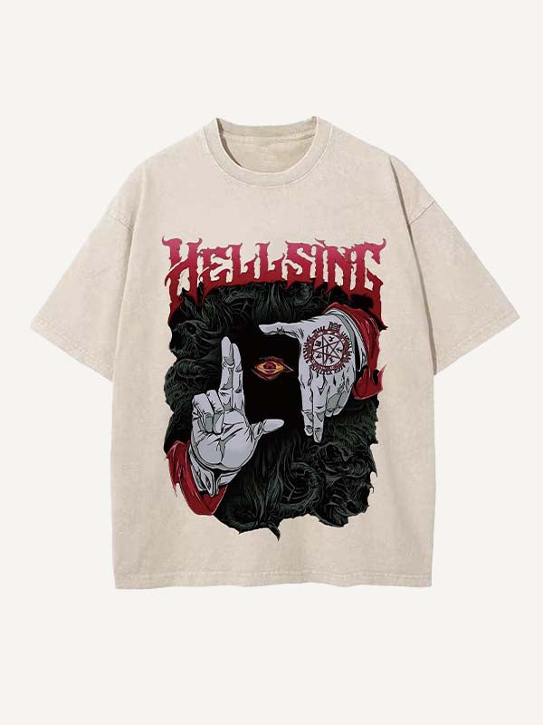 Distressed Washed Eye&Palm&Letter&Graphic Print Round Neck T-shirt