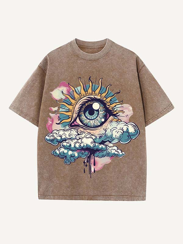 Distressed Washed Eye&Cloud Print Round Neck T-shirt