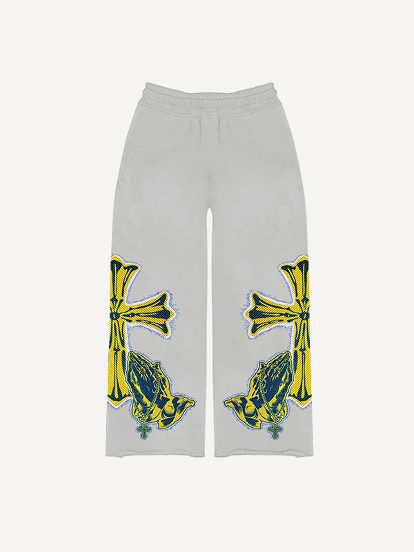 Figure&Pray&Cross Faux Decal Print Elastic Waist Pants