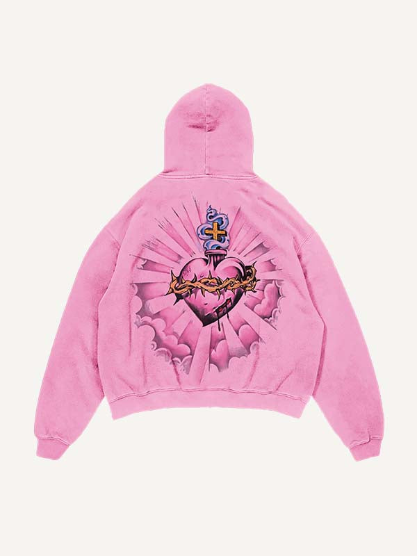 Distressed Washed Pray&Letter&Heart&Palm Print Slant Pockets Hoodie