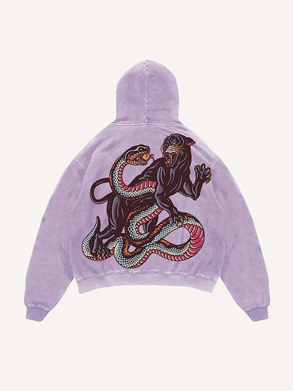 Distressed Washed Tiger&Snake&Panther Print Slant Pockets Hoodie