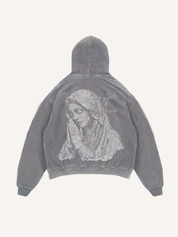 Distressed Washed Mary&Letter Pray Faux Rhinestones Print Slant Pockets Hoodie