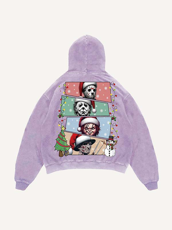 Distressed Washed Christmas Horror Print Slant Pockets Hoodie