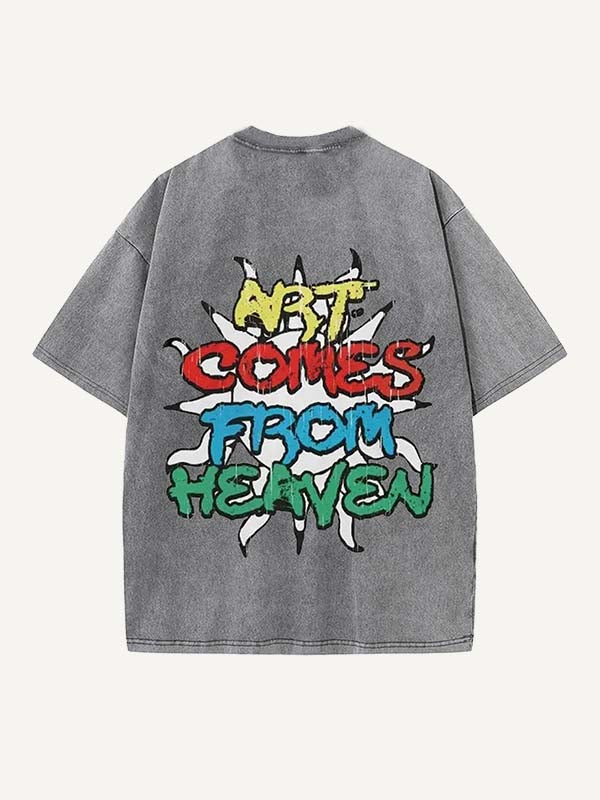 Distressed Washed Sun&Letter Print Round Neck T-shirt